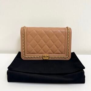 CHANEL Beige Quilted Caviar Leather Boy Wallet on Chain Gold CC Flap Bag NEW WOC